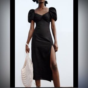 Zara Black Linen Dress | Tie Back | Front Slit